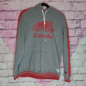 ROOTS IS CANADA THICK KNIT GRAY WITH RED STRIPE GRAPHIC HOODIE LARGE